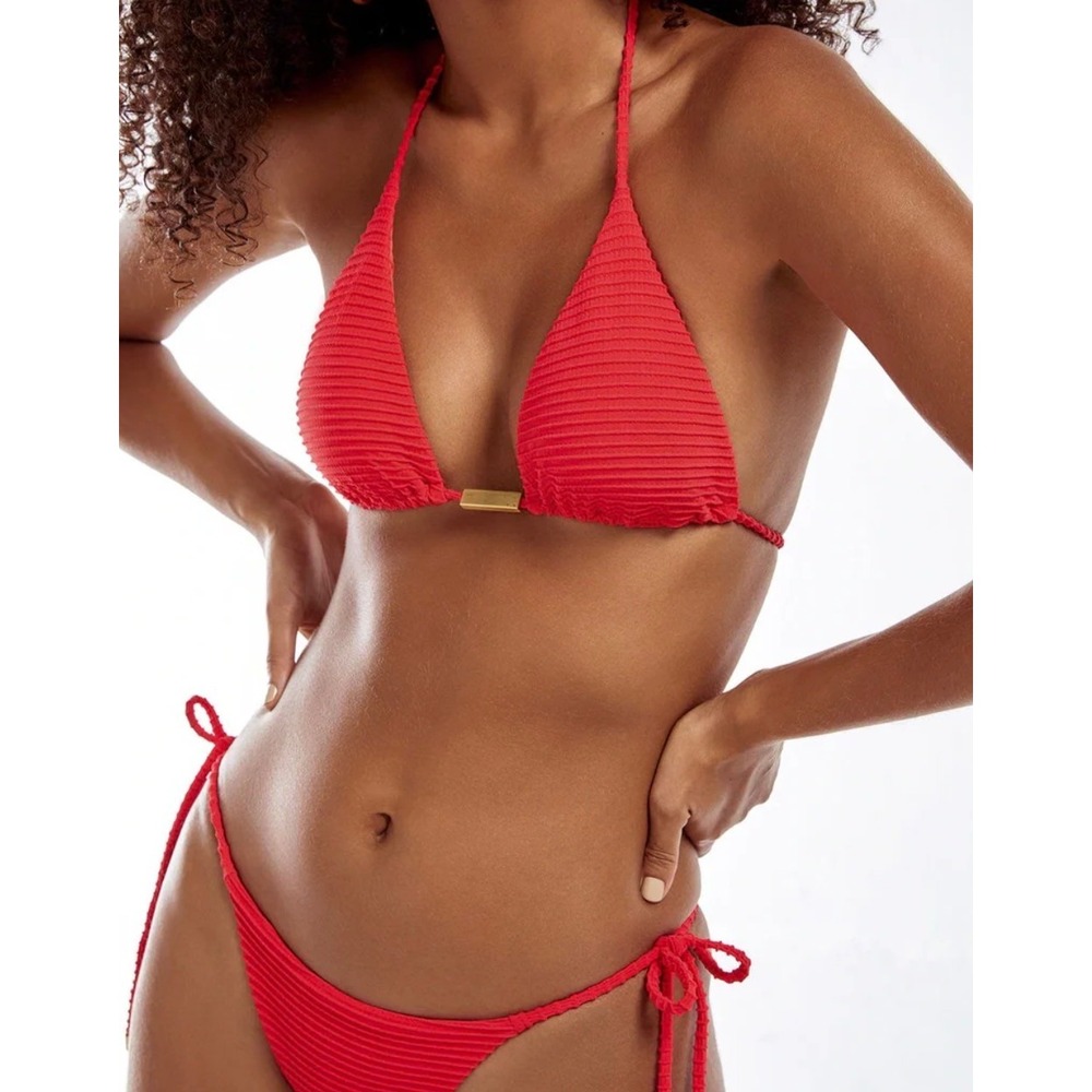Vix Paula Hermanny Red Ribbed Triangle Bikini Set D Cup Top Large Bottom NEW